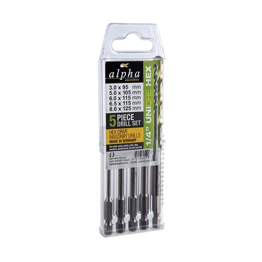 [170-UNIHEXSET5] 5 Piece | MultiDrill Multi-Material Drill Bit Set | 1/4in Hex