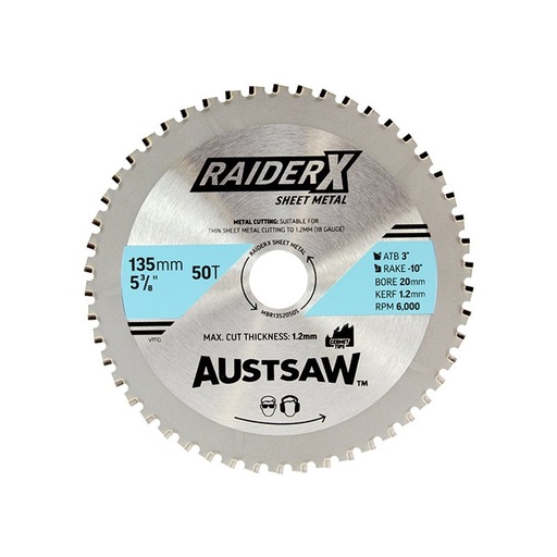 [170-MBR1352050S] Austsaw RaiderX Sheet Metal Blade 135mm x 20 x 50T Cermet.