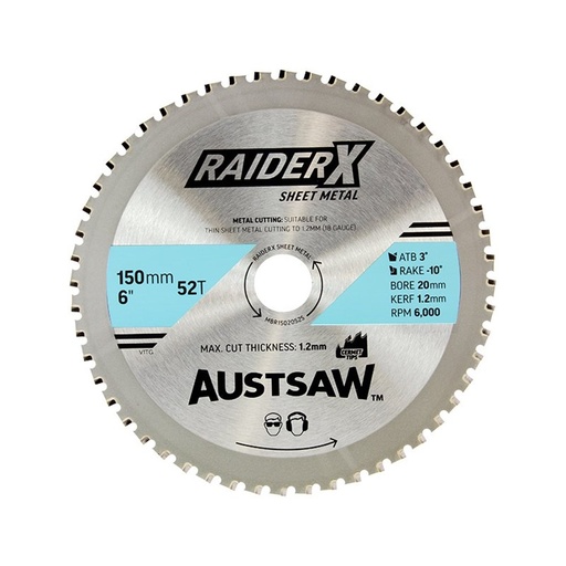[170-MBR1502052S] Austsaw RaiderX Sheet Metal Blade 150mm x 20 x 52T Cermet.
