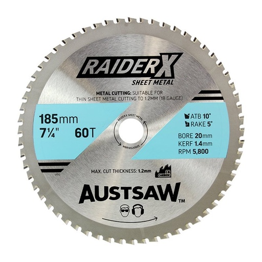 [170-MBR1852060S] Austsaw RaiderX Sheet Metal Blade 185mm x 20 x 60T  TCT