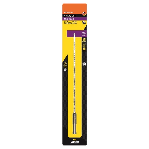 [170-CSPZ050265S] 5.0 x 265mm Reo Head SDS Plus 4 Cutter Masonry Drill Carded