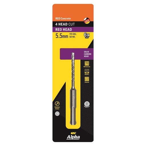 [170-CSPZ055115S] 5.5 x 115mm Reo Head SDS Plus 4 Cutter Masonry Drill Carded