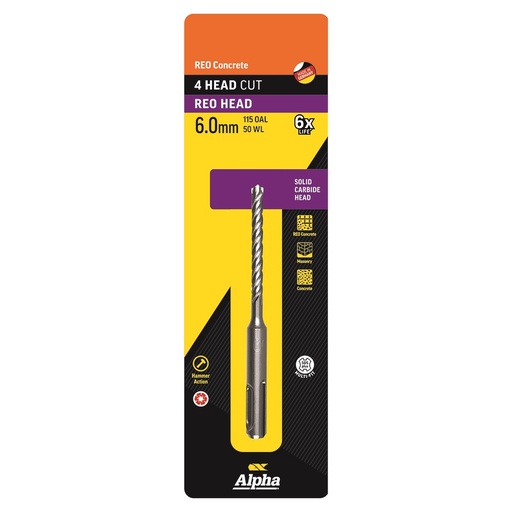 [170-CSPZ060115S] 6.0 x 115mm Reo Head SDS Plus 4 Cutter Masonry Drill Carded