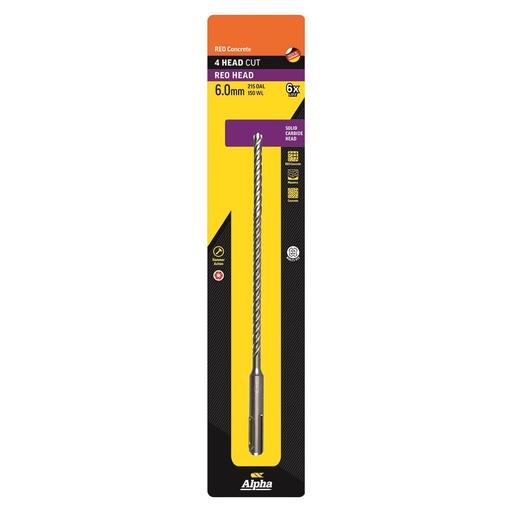 [170-CSPZ060215S] 6.0 x 215mm Reo Head SDS Plus 4 Cutter Masonry Drill Carded