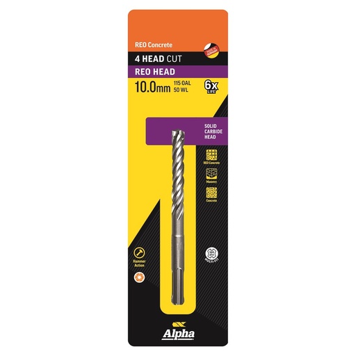 [170-CSPZ100115S] 10.0 x 115mm Reo Head SDS Plus 4 Cutter Masonry Drill Carded
