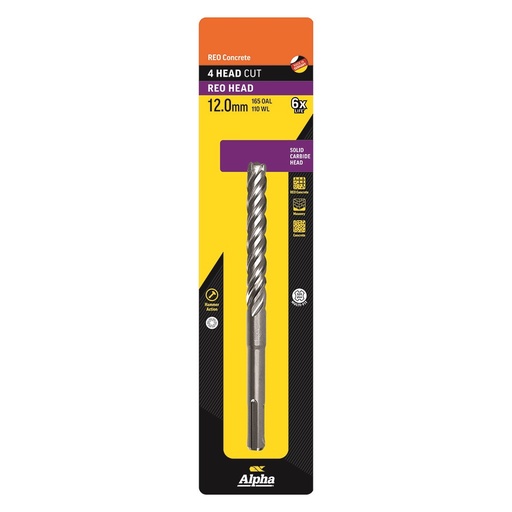 [170-CSPZ120165S] 12.0 x 165mm Reo Head SDS Plus 4 Cutter Masonry Drill Carded