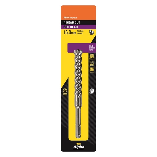[170-CSPZ160165S] 16.0 x 165mm Reo Head SDS Plus 4 Cutter Masonry Drill Carded