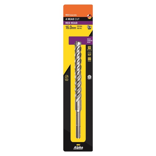 [170-CSPZ160215S] 16.0 x 215mm Reo Head SDS Plus 4 Cutter Masonry Drill Carded