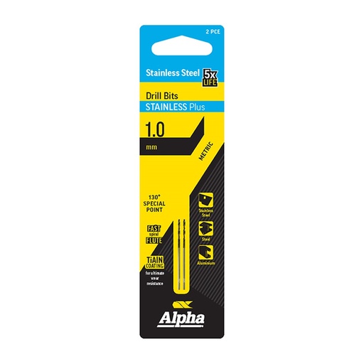 [170-C9LMP010] 1.0mm Stainless Plus Metric Drill Bit | Carded 2 Pack