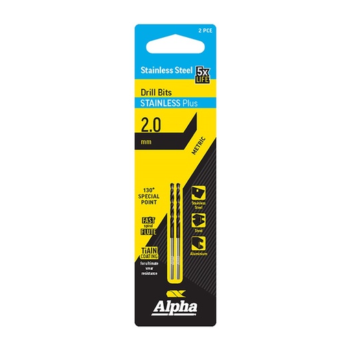 [170-C9LMP020] 2.0mm Stainless Plus Metric Drill Bit | Carded 2 Pack