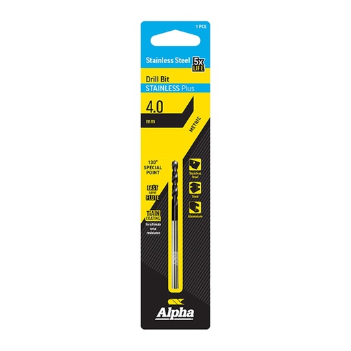 [170-C9LMP040] 4.0mm Stainless Plus Metric Drill Bit | Carded