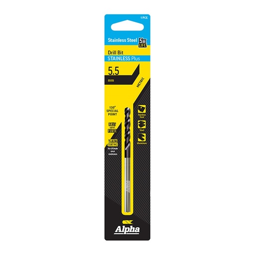 [170-C9LMP055] 5.5mm Stainless Plus Metric Drill Bit | Carded