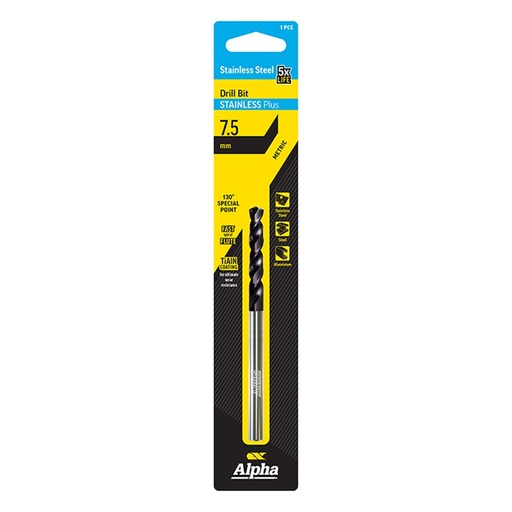 [170-C9LMP075] 7.5mm Stainless Plus Metric Drill Bit | Carded