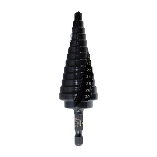 [170-C9STSIM6-30TM] ThunderMax Step Drill Spiral Flute 6-30mm Metric Impact Shank Carded