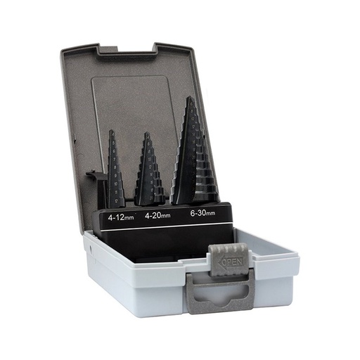[170-STPSET3TM] ThunderMax Step Drill Set Straight Flute incl 4-12mm, 4-20mm & 6-30mm Metric Plastic Box