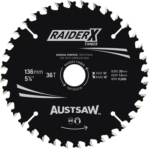 [170-TBP1362036] Austsaw RaiderX Timber Blade 136mm x 20/16 Bore x 36 T Thin Kerf