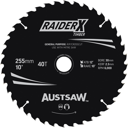 [170-TBP2553040] Austsaw RaiderX Timber Blade 255mm x 30 Bore x 25.4mm Bush 40 T Thin Kerf