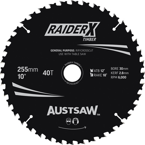 [170-TBP2553040T] Austsaw RaiderX Timber Blade 255mm x 30 Bore x 25.4mm Bush 40 T Table Saw