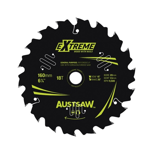 [170-TBPP1602018] Austsaw Extreme: Wood with Nails Blade 160mm x 20/16 Bore x 18 T Thin Kerf