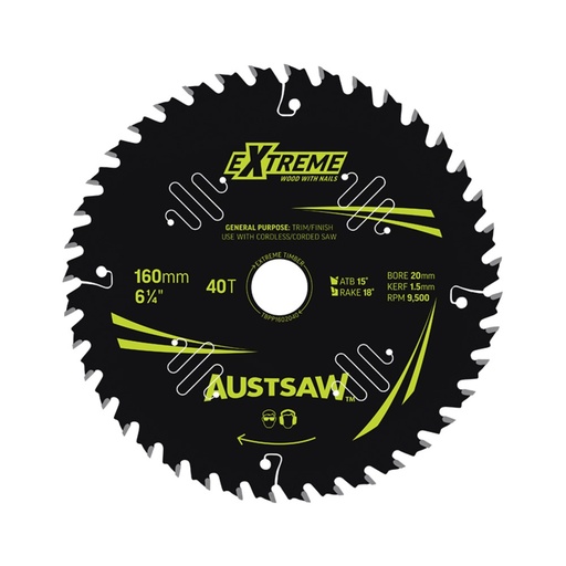 [170-TBPP1602040] Austsaw Extreme: Wood with Nails Blade 160mm x 20/16 Bore x 40 T Thin Kerf