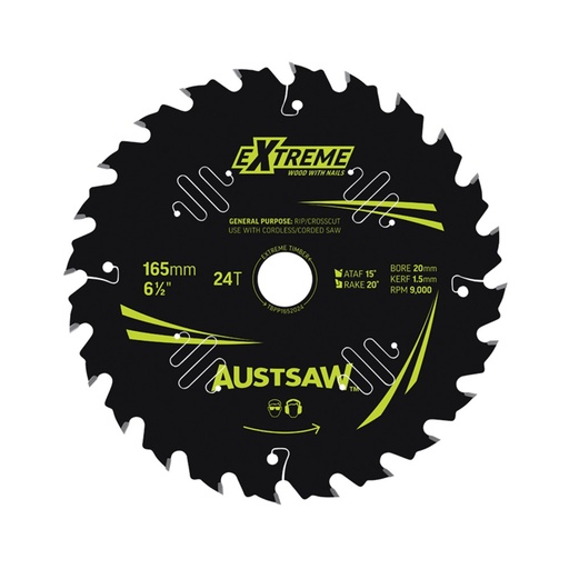 [170-TBPP1652024] Austsaw Extreme: Wood with Nails Blade 165mm x 20/16 Bore x 24 T Thin Kerf
