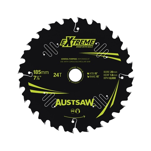 [170-TBPP1852024] Austsaw Extreme: Wood with Nails Blade 185mm x 20/16 Bore x 24 T