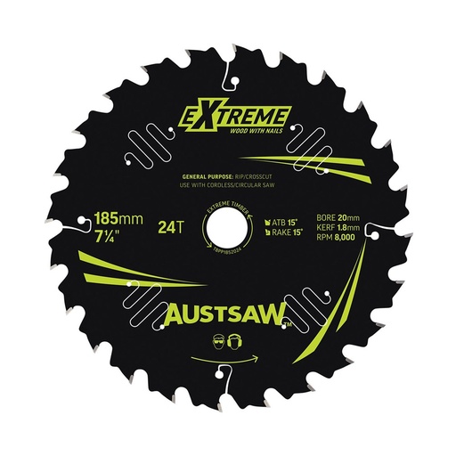 [170-TBPP1852024B] Austsaw Extreme: Wood with Nails Blade 185mm x 20 Bore x 24 T Bulk Pack (x20)