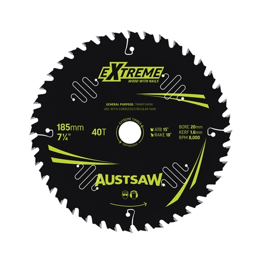 [170-TBPP1852040] Austsaw Extreme: Wood with Nails Blade 185mm x 20/16 Bore x 40 T Thin Kerf