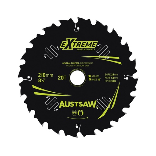 [170-TBPP2102520] Austsaw Extreme: Wood with Nails Blade 210mm x 25/16 Bore x 20 T Thin Kerf