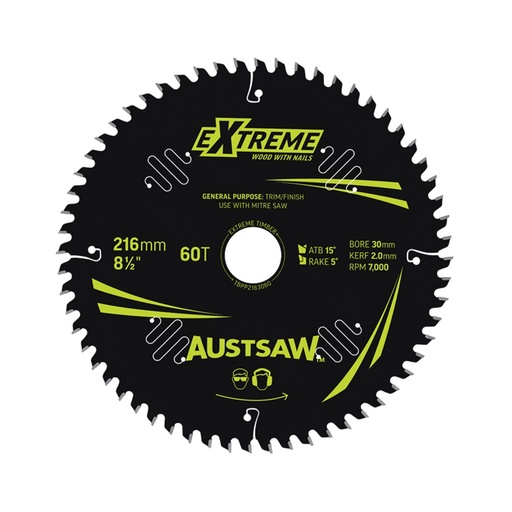 [170-TBPP2163060] Austsaw Extreme: Wood with Nails Blade 216mm x 30/15.88 Bore x 60 T Thin Kerf