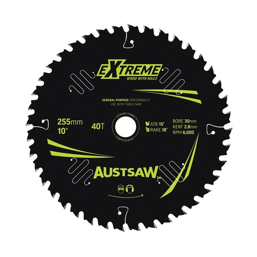 [170-TBPP2553040T] Austsaw Extreme: Wood with Nails Blade 255mm x 30 Bore x 40 T Table Saw