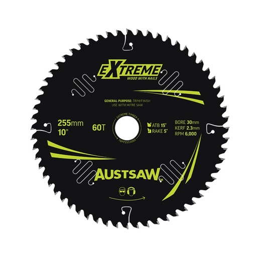 [170-TBPP2553060] Austsaw Extreme: Wood with Nails Blade 255mm x 30 Bore x 60 T Thin Kerf