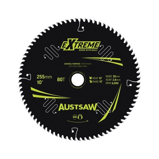 [170-TBPP2553080T] Austsaw Extreme: Wood with Nails Blade 255mm x 30 Bore x 80 T Table Saw