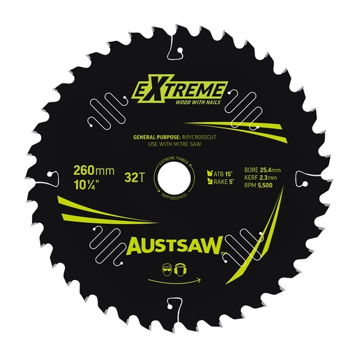 [170-TBPP26025432] Austsaw Extreme: Wood with Nails Blade 260mm x 25.4 Bore x 32 T Thin Kerf