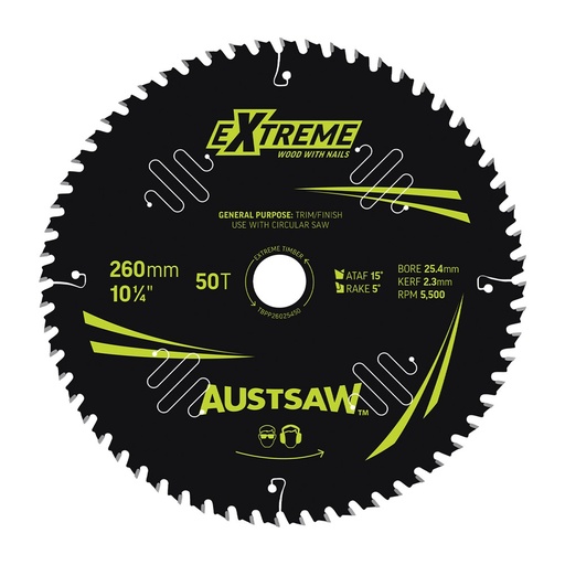 [170-TBPP26025450] Austsaw Extreme: Wood with Nails Blade 260mm x 25.4 Bore x 50 T Thin Kerf