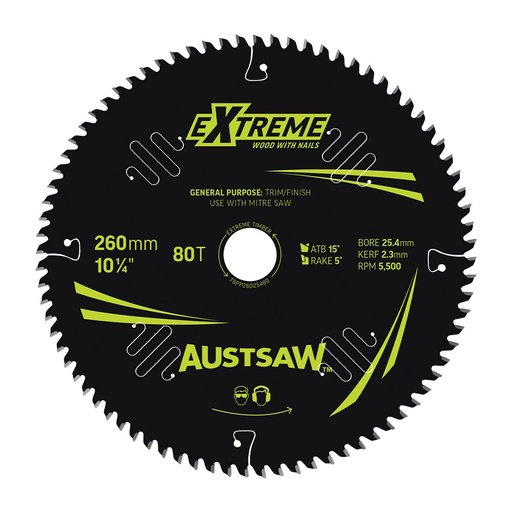 [170-TBPP26025480] Austsaw Extreme: Wood with Nails Blade 260mm x 25.4 Bore x 80 T Thin Kerf