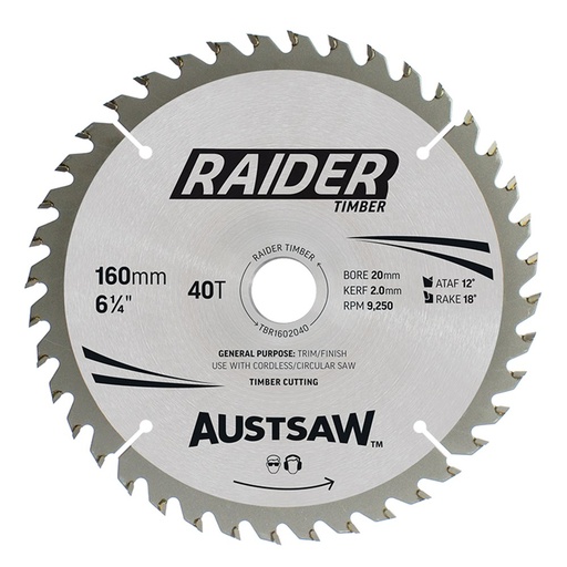 [170-TBR1602040] Austsaw Raider Timber Blade 160mm x 20/16 Bore x 40 T Thin Kerf