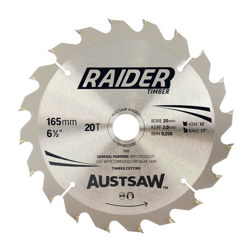 [170-TBR1652020] Austsaw Raider Timber Blade 165mm x 20 Bore x 20 T Thin Kerf