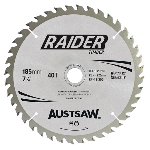 [170-TBR1852040] Austsaw Raider Timber Blade 185mm x 20/16 Bore x 40 T