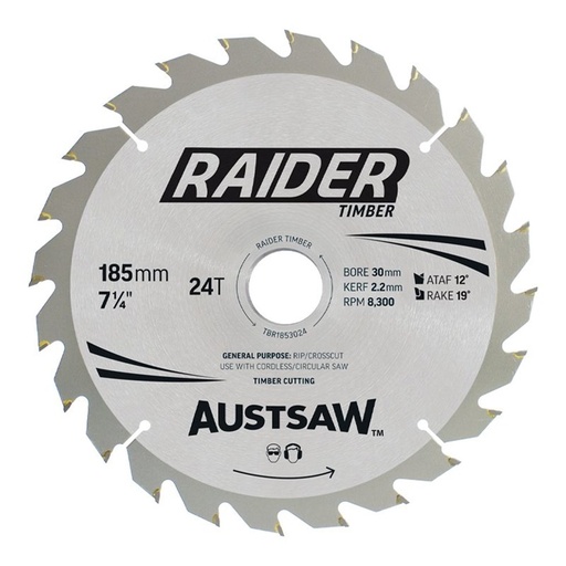 [170-TBR1853024] Austsaw Raider Timber Blade 185mm x 30/20 Bore x 24T