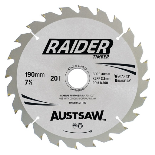 [170-TBR1903020B] Austsaw Raider Formwork Timber Blade 190mm x 30/20 Bore x 20T | Trade 10 Pack