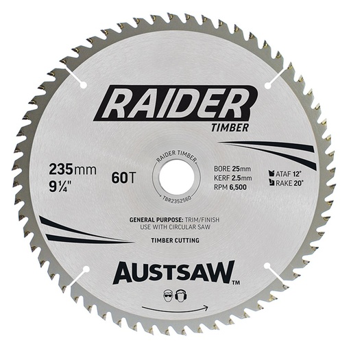 [170-TBR2352560] Austsaw Raider Timber Blade 235mm x 25 Bore x 60 T Thin Kerf